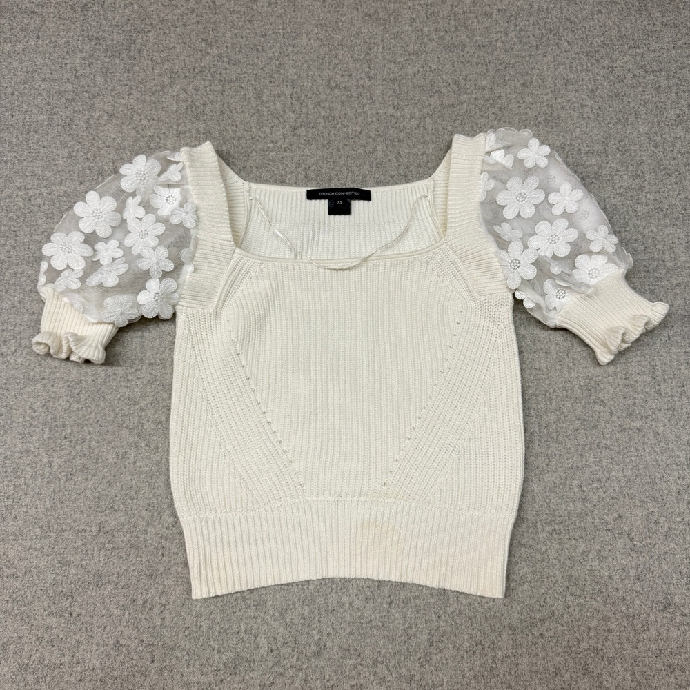 French Connection Knit Top XS White 3D Floral Lace Puff Sleeve Square Neck 78RAE